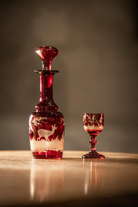 波希米亞捷克蝕刻紅寶石色小酒杯
